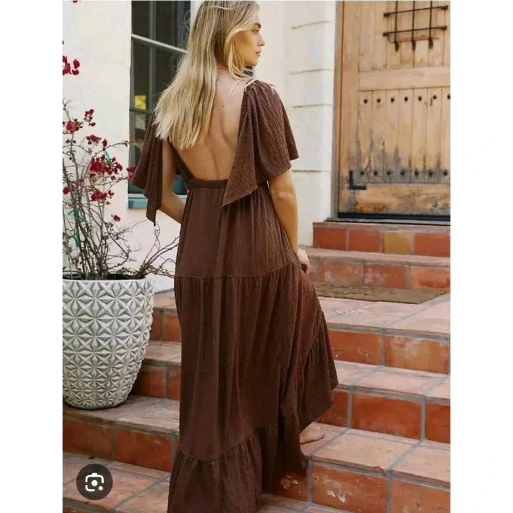 Free People Brown Maxi Dress with Deep V Neck